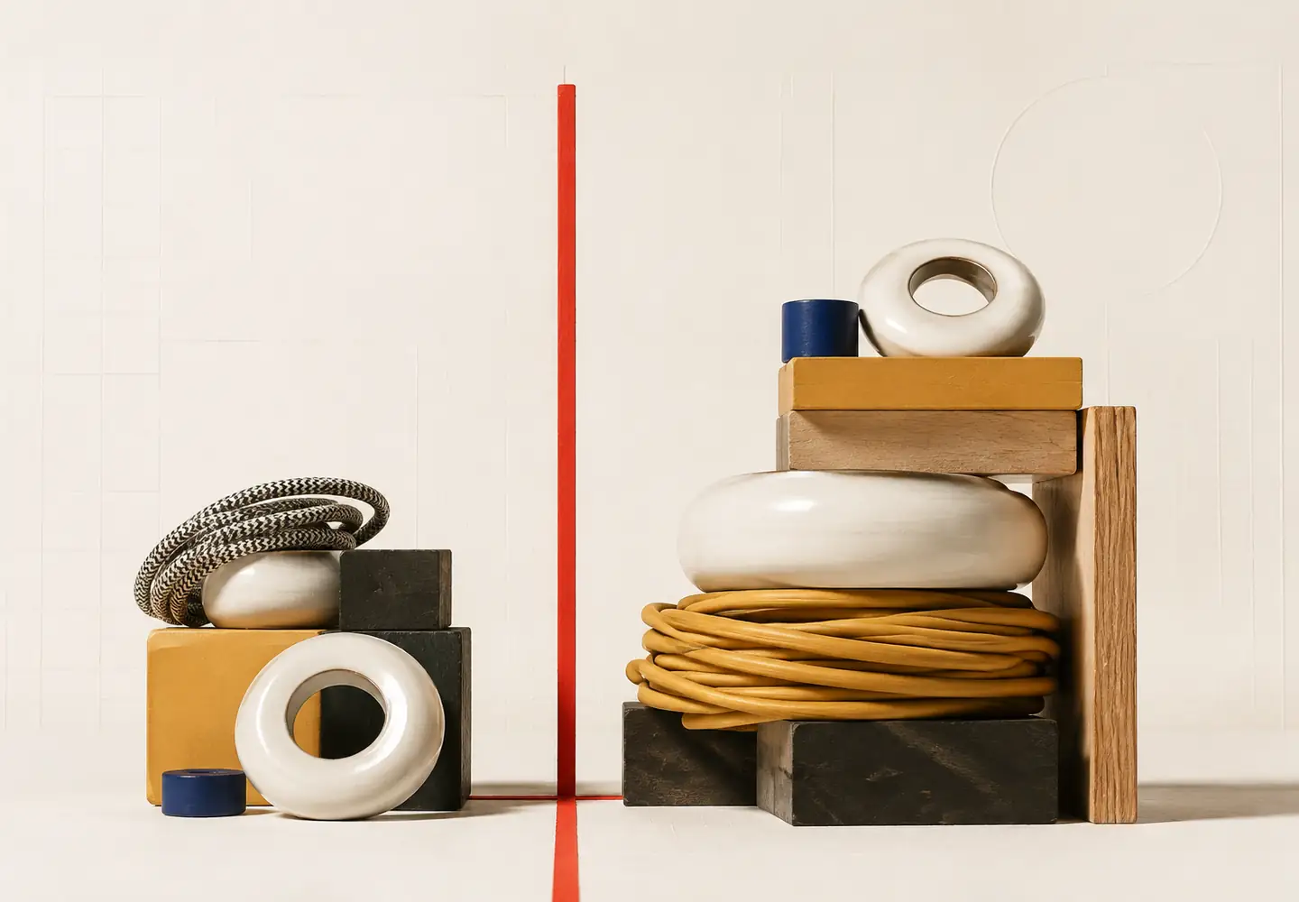 Objetos cerámicos, bloques de madera y cables equilibrados a ambos lados de un eje rojo